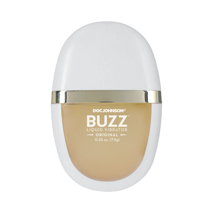 Compact bottle of Buzz Original Liquid Vibrator intimate arousal gel with white cap and gold accent.
