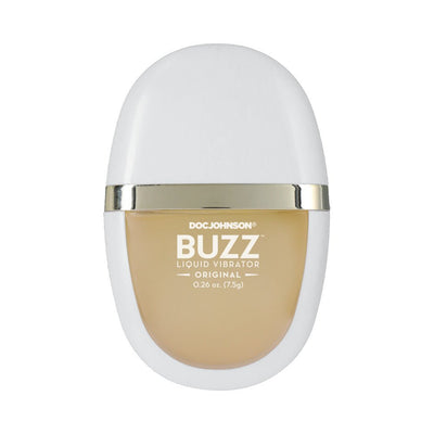 Compact bottle of Buzz Original Liquid Vibrator intimate arousal gel with white cap and gold accent.