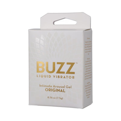 Buzz Original Liquid Vibrator Intimate Arousal Gel packaging in white box with gold lettering, 0.26 oz size.