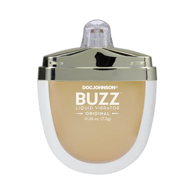 Compact .26 oz bottle of Doc Johnson Buzz Original Liquid Vibrator intimate arousal gel with silver and white cap.