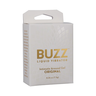 Buzz Original Liquid Vibrator Intimate Arousal Gel packaging in white with gold lettering, 0.26 oz size.