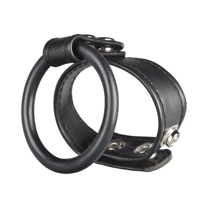 Black dual ring stamina enhancer with adjustable leather strap and rubber rings for support and performance.