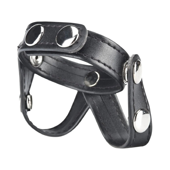 Black leather V-style cock ring with silver snap buttons and ball divider for adjustable fit and secure wear.