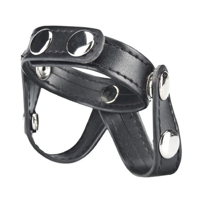Black leather V-style cock ring with silver snap buttons and ball divider for adjustable fit and secure wear.