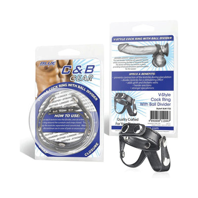 CB Gear V-style cock ring with ball divider in black leather with snap closure, shown in packaging front and back views.