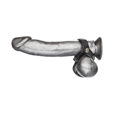 Black leather V-style cock ring with ball divider displayed on a silver anatomical model.