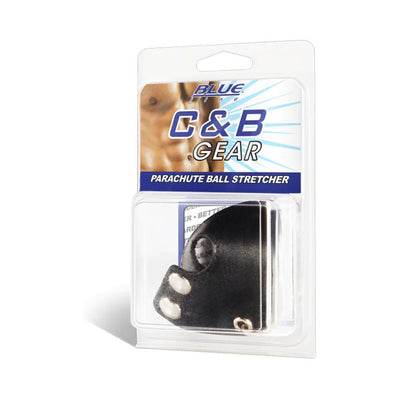 CB Gear V-style cock ring with ball divider in clear retail packaging labeled parachute ball stretcher