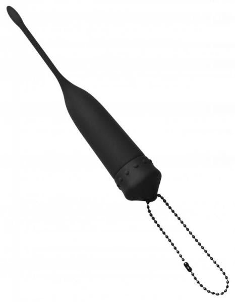 Black silicone vibrating urethral sound with a tapered tip and retrieval chain for safe use.