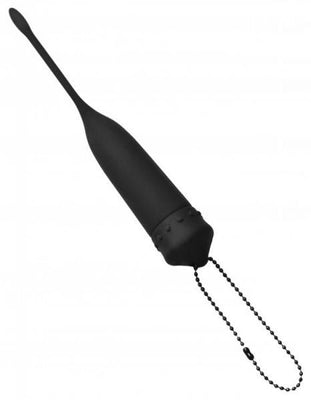 Black silicone vibrating urethral sound with a tapered tip and retrieval chain for safe use.