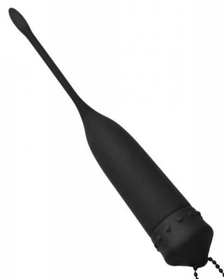 Black silicone vibrating urethral sound with a tapered tip and textured base for enhanced stimulation.
