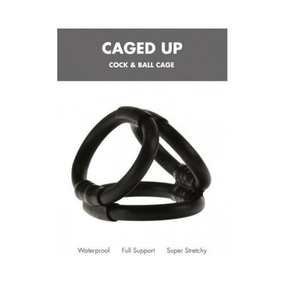 Black triple-ring cock and ball cage made of stretchy material with waterproof and full support features.