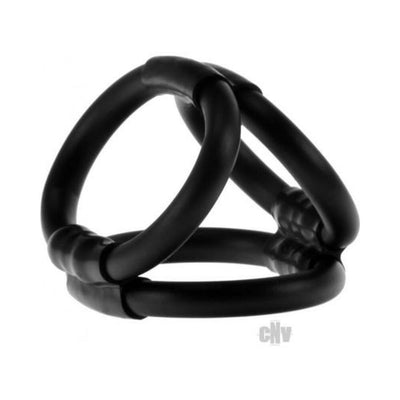 Black triple-ring cock and ball cage made of soft, stretchy material for secure and comfortable wear.