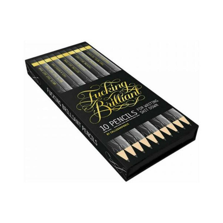 Set of ten black graphite pencils with gold foil calligraphy and playful erasers in a matching black box.