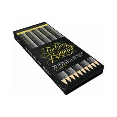 Set of ten black graphite pencils with gold foil calligraphy and playful erasers in a matching black box.