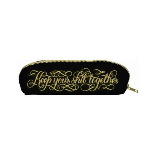 Black canvas pouch with gold zipper and elegant gold script embroidery reading Keep your shit together