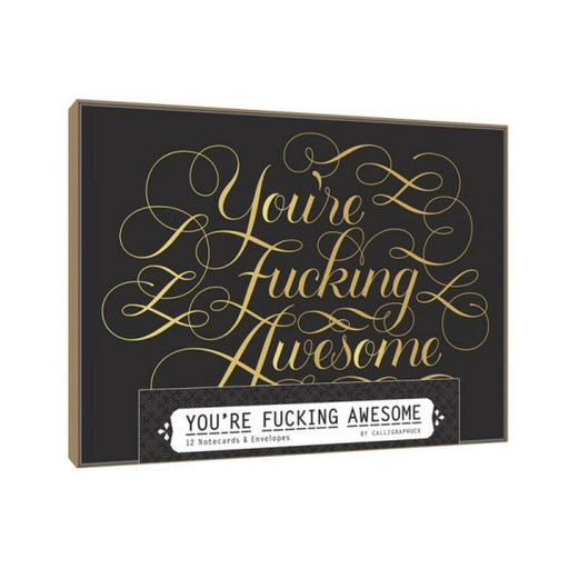 Box of 12 black notecards with gold foil calligraphy reading You're Fucking Awesome, includes envelopes.