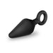 Black silicone anal training plug with tapered tip and ring handle for easy use and safety.