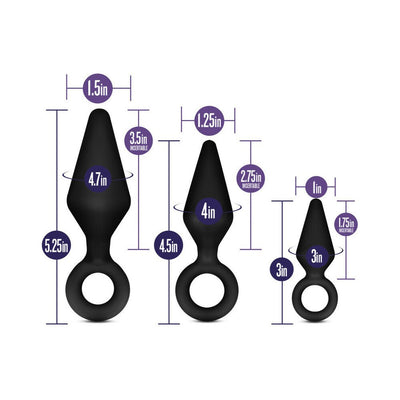 Set of three black silicone anal training plugs in small, medium, and large sizes with ring handles and size measurements shown.