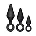 Set of three black silicone anal training plugs in small, medium, and large sizes with ring handles for easy use.