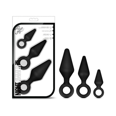 Blush Luxe Night Rimmer Kit in black with three graduated silicone plugs featuring ring handles for easy use and safety.