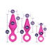 Set of three pink silicone anal training plugs in small, medium, and large sizes with measurement details shown.