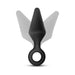 Black silicone anal training plug with a safety ring handle and tapered shape for gradual comfort.