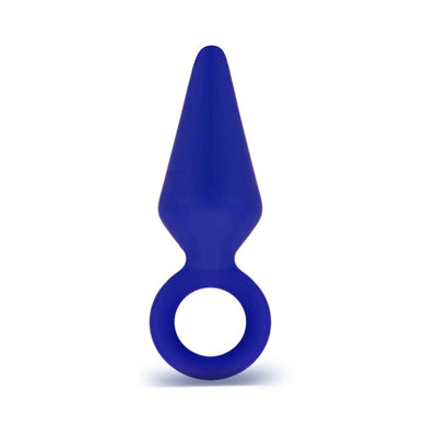 Small indigo silicone plug with tapered tip and circular safety ring base for secure, comfortable use.