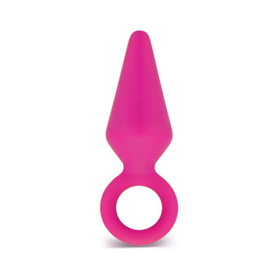 Small indigo silicone anal plug with tapered tip and safety ring for secure, comfortable use.
