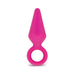 Small indigo silicone anal plug with tapered tip and safety ring for secure, comfortable use.