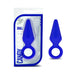 Small indigo silicone Candy Rimmer plug with tapered shape and safety ring, shown in packaging and separately.