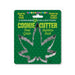 Stainless steel cannabis leaf-shaped cookie cutter on green packaging for party treats and infused cookies.
