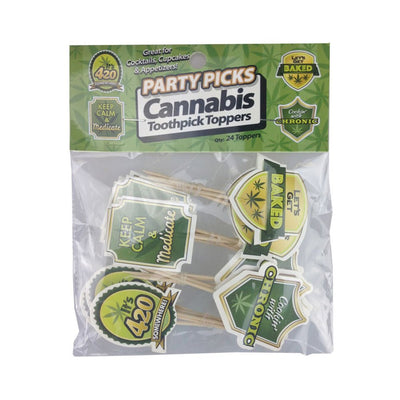 Pack of 24 cannabis-themed decorative toothpick toppers with phrases and green leaf designs for parties and appetizers.
