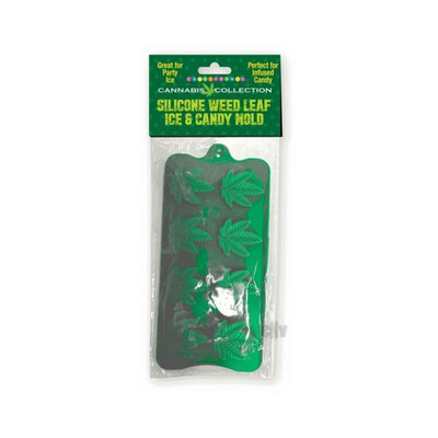 Green silicone mold with 11 cannabis leaf-shaped cavities for making ice, candy, or chocolates, packaged with a labeled header card.