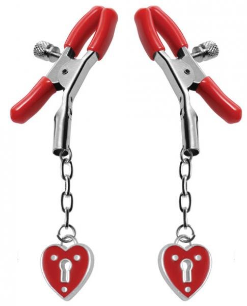 Pair of silver nipple clamps with red vinyl tips and dangling red heart-shaped padlock charms attached by small chains.