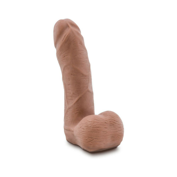Realistic brown dual-density silicone adult toy with detailed texture and soft balls on a white background.