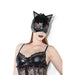 Black wetlook cat mask with lace-covered eyes and ears worn by a model in black lace lingerie.