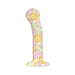 Curved G-spot silicone dildo with suction base, featuring a colorful floral pattern in pastel shades.
