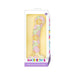 Colorful floral-patterned silicone G-spot dildo with suction base in clear retail packaging.