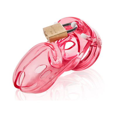 Red transparent male chastity cage with brass padlock on a white background.