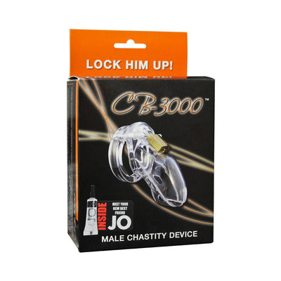 Packaging box of CB-3000 male chastity device featuring a clear cage with brass padlock and orange header card.