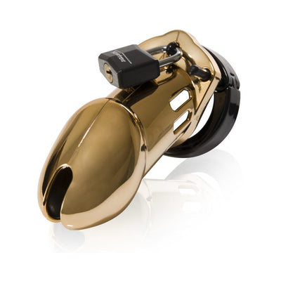 Gold-tone male chastity device with black adjustable ring and small black padlock on white background.