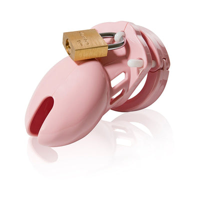 Pink male chastity device with brass padlock, featuring vented design and secure locking mechanism.