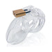 Clear medical-grade polycarbonate male chastity device with brass padlock and vented design for comfort and hygiene.