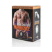 Packaging box for CB-6000S male chastity device featuring a muscular male torso and product images on a black and orange background.