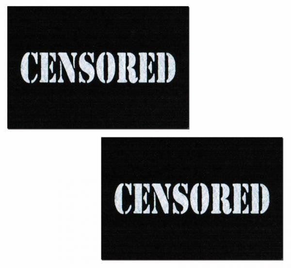 Pair of black rectangular pasties with the word CENSORED printed in bold white letters.