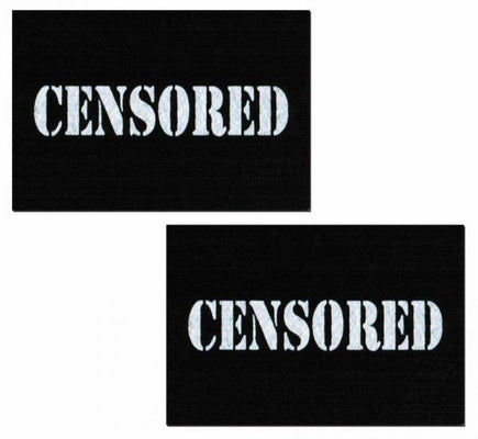 Pair of black rectangular pasties with the word CENSORED printed in bold white letters.