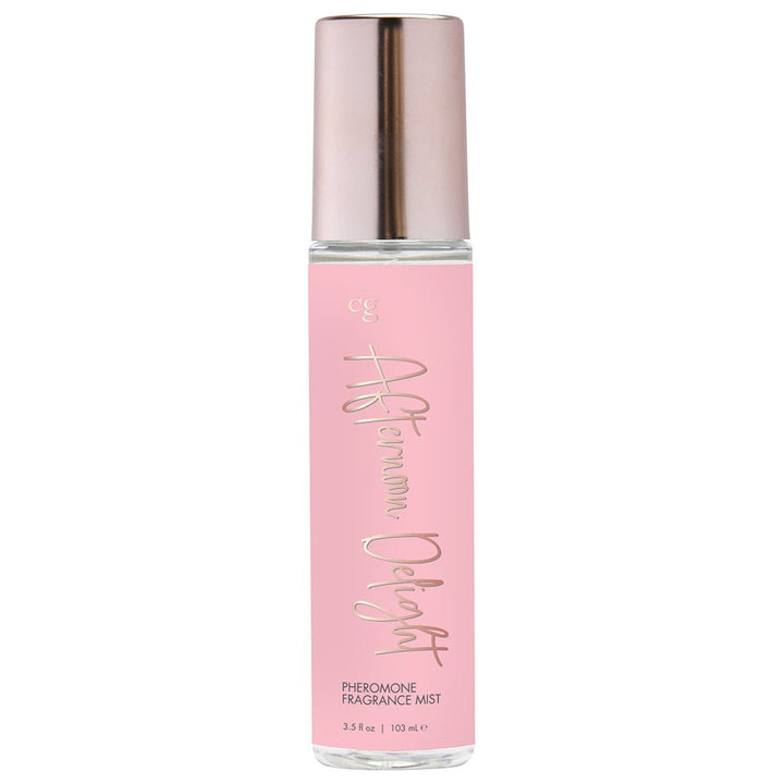 Cgc Afternoon Delight pheromone fragrance mist in a 3.5oz clear bottle with pink label and rose gold cap.