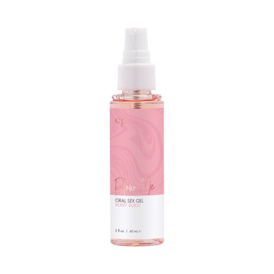 Bottle of CG Blow Me Oral Berry Burst flavored oral sex gel with pink and white label and white pump dispenser.