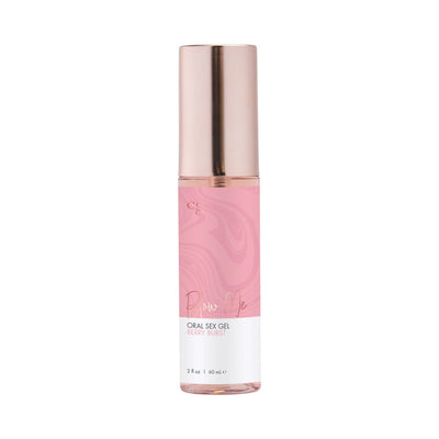 Bottle of CG Blow Me Oral Berry Burst flavored oral sex gel with pink and white label and rose gold cap