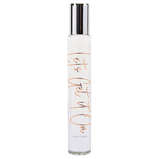 Clear glass rollerball bottle of Cgc Lets Get It On perfume oil with silver cap and peach script lettering.
